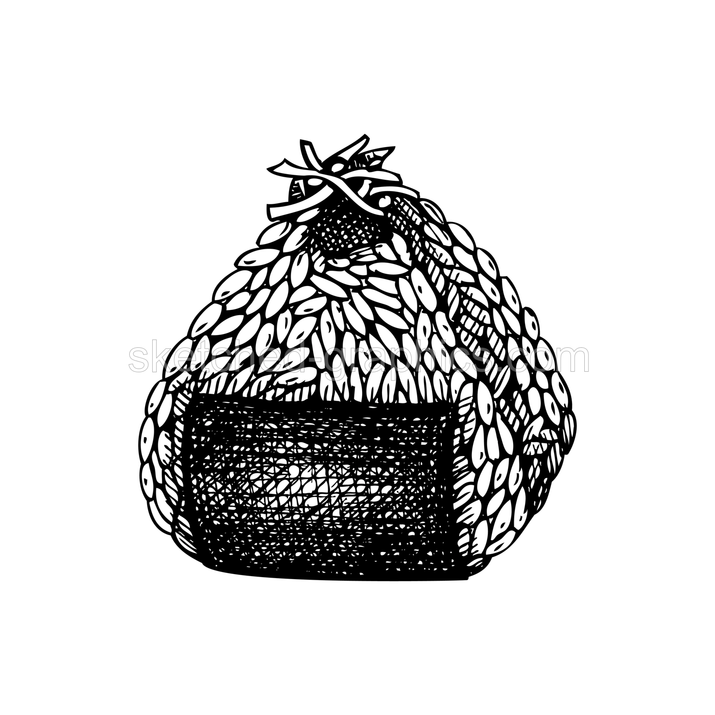 Hand-drawn onigiri sketch. Japanese rice ball drawing in engraved style. Japanese food illustration isolated on white background. Rice ball wrapped with dried nori. Edible seaweed recipe Illustration